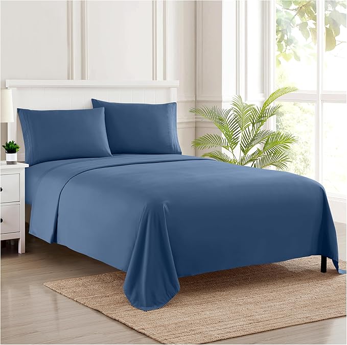 Split King Sheets - Breathable Luxury Sheets with Full Elastic & Secure Corner Straps Built In - 1800 Supreme Collection Extra Soft Deep Pocket Bedding Set, Sheet Set, Split King Size, Denim
