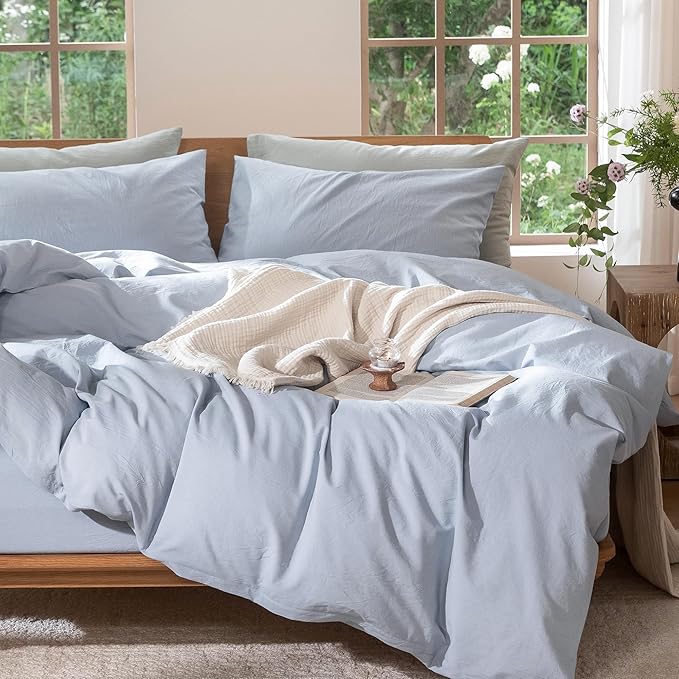 MooMee Bedding Duvet Cover Set 100% Washed Cotton Linen Like Textured Breathable Durable Soft Comfy (Heathered Cornflower Blue, Alaska King 132"x120")