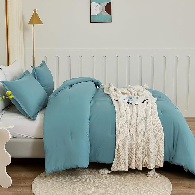 Litanika Grayish Teal Comforter King Size, 3 Pieces Lightweight Solid Bedding Set, All Season Fluffy Bed Set (104x90In Comforter & 2 Pillowcases)