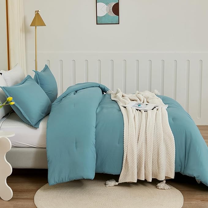 Litanika Comforters Grayish Teal Oversized King Size, 3 Pieces Lightweight Solid Bedding Comforter Set, All Season Fluffy Bed Set (120x98In Comforter & 2 Pillowcases)
