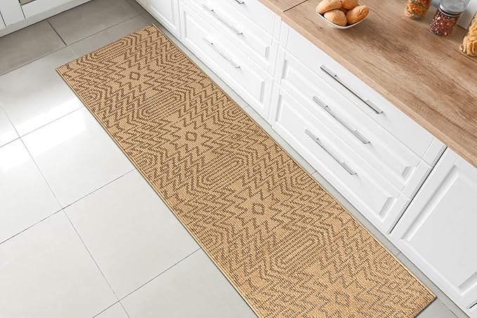 Custom Length Cut to Size Tribal Ethnic Southwestern Inspired Hallway Runner Rug, Non Slip Rubber Backed, 31 inch Wide X Customized Length, Inca Tan, 31 inch X 21 feet