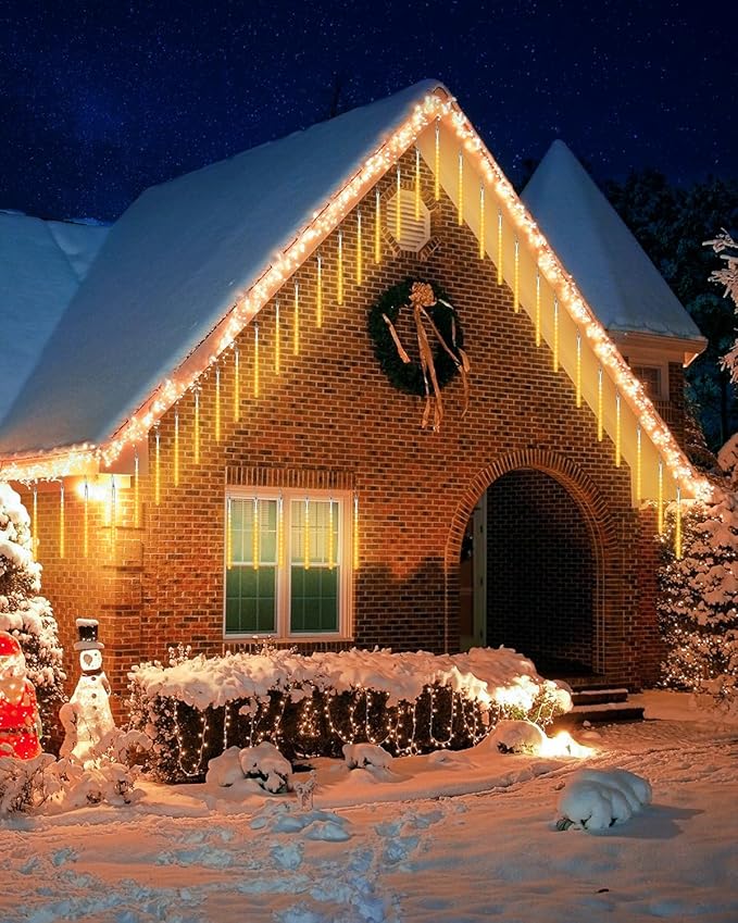 Joomer 2Pack Christmas Lights Outdoor, 11.8 inch 10 Tubes 240 LED Meteor Shower Lights, LED Falling Icicle Cascading Light with Timer Waterproof and Connectable for Christmas Decoration (Warm White)