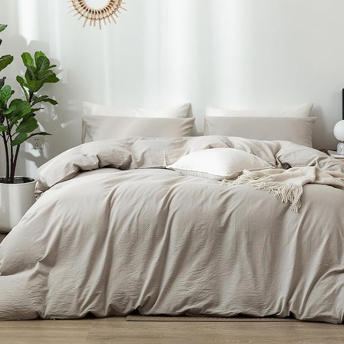 MooMee Bedding Duvet Cover Set 100% Washed Cotton Linen Like Textured Breathable Durable Soft Comfy (Heathered Cream Grey, Alaska King 132"x120")