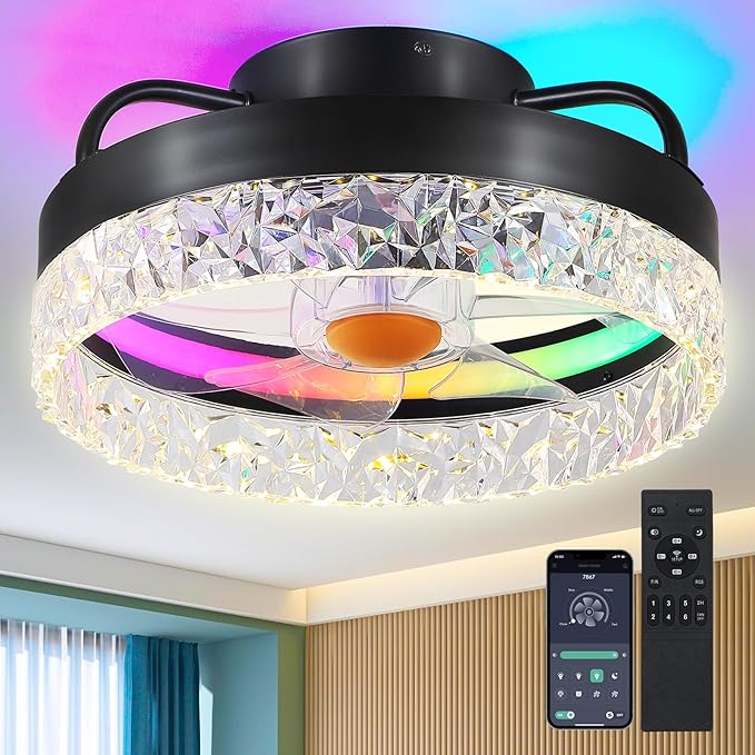 Flush Mount Ceiling Fan with Light - Small Low Profile Ceiling Fan,13" RGB Dimmable LED Bladeless Ceiling Fans, Modern Enclosed LED-RGB Ambient Light for Bedroom, Kids Room, Party