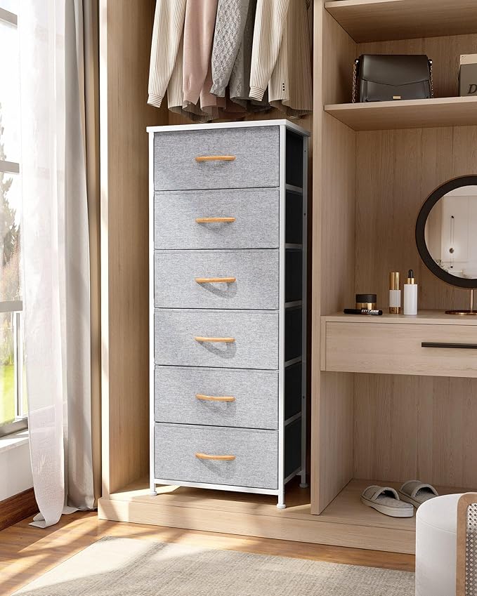 Crestlive Products Tall Dresser Storage Tower - Sturdy Steel Frame, Wood Top, Easy Pull Fabric Bins, Handles - Vertical Organizer Unit for Bedroom, Hallway, Entryway, Closets - 6 Drawers (Light Gray)