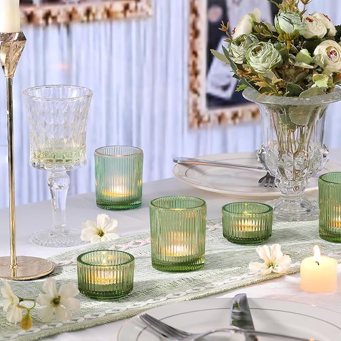 10pcs Ribbed Green Votive Candle Holders for Wedding Table Decor, Assorted Tea Light Candle Holder Glass, Green Candle Holders for Table Centerpieces, Brithday and Tea Party Decorations