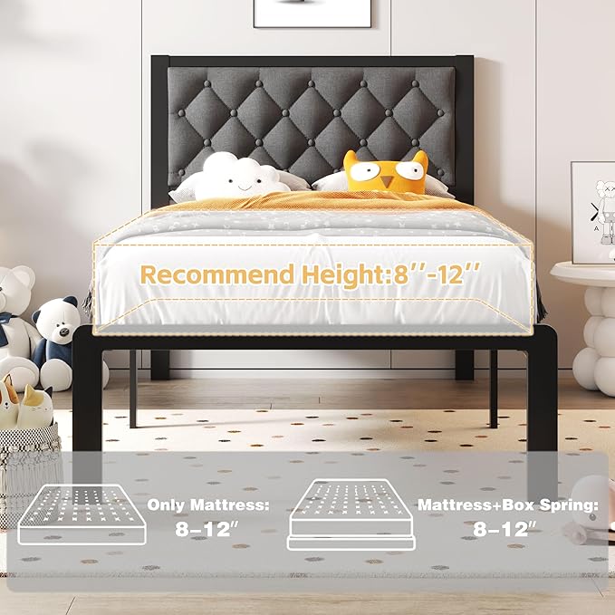 Twin Bed Frame with Headboard Linen Upholstered Bed Frame Platform,All Metal Slats Support Platform Bed Frame with Storage Space,Easy Assembly,Noise Free,No Box Spring Needed,Grey