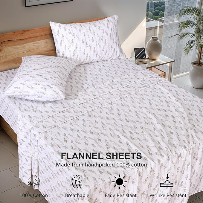 RUVANTI Flannel Sheets Queen Size - 100% Cotton Double Brushed Bed Sheets, Deep Pockets 16 Inches Queen Sheet Set, All Seasons Breathable & Extra Soft - Warm & Cozy, 4 Piece, Dried Straw