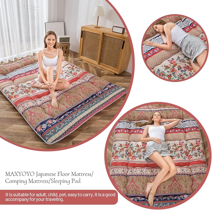MAXYOYO Bohemian Retro Floor Mattress Vintage Floral Japanese Futon Mattress Roll Up Thicken Sleeping Bed Portable Camping Mattress Floor Lounger Couch Bed Mattress Pad, King Size