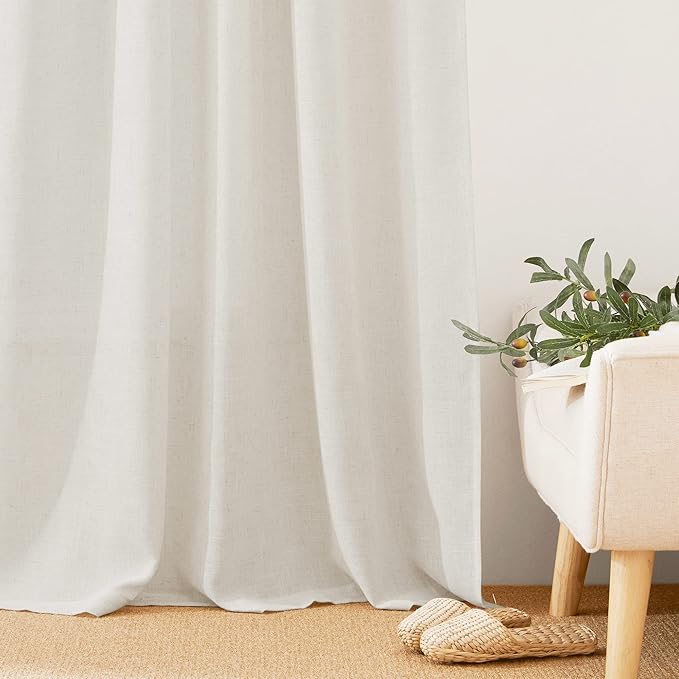RYB HOME Semi Sheer Curtains 102 inches Long, Back Tab Light Filtration Half Privacy Window Curtains & Drapes for Bedroom Living Room, Linen, W 52 x L 102 inches, 2 Panels Set