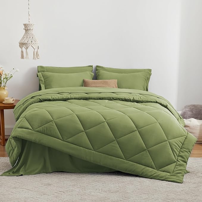 Love's cabin Full Comforter Set Olive Green, 7 Pieces Full Bed in a Bag, All Season Bedding Sets with 1 Comforter, 1 Flat Sheet, 1 Fitted Sheet, 2 Pillowcase and 2 Pillow Sham