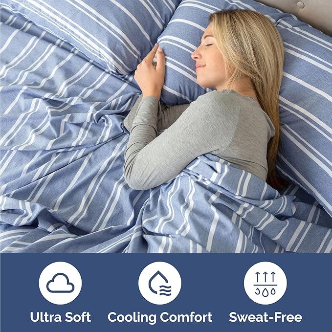 Twin 4 Piece Sheet Set - Comfy Breathable & Cooling - Soft Hotel Luxury Bedding Set with 8-16 Inch Deep Pockets - 1 Flat & 1 Fitted Sheet & 2 Pillowcases - Wrinkle Free & Easy Care - Blue Stripes 3