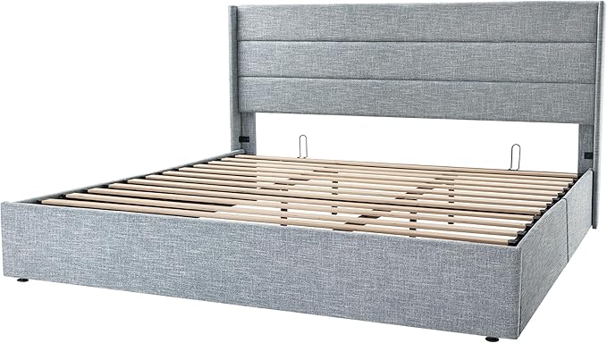 Allewie King Size Lift Up Storage Bed, Modern Wingback Headboard, Hydraulic Support, No Box Spring Needed, Grey Blue