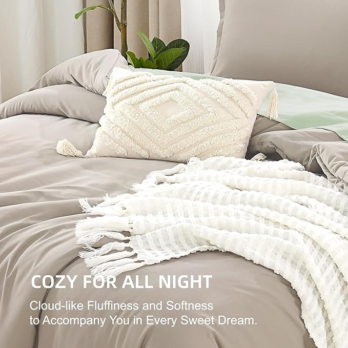 Litanika Oatmeal Comforter Full Size, 3 Pieces Lightweight Solid Bedding Comforter Set, All Season Fluffy Bed Set (79x90In Comforter & 2 Pillowcases)
