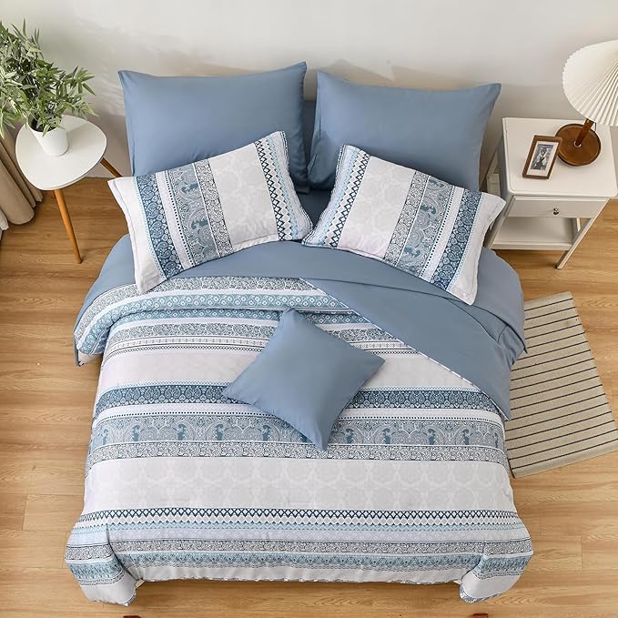 Cottolester Boho Comforter Set Queen Size Light Blue Comforter Set 8 Piece Bed in a Bag Paisley Floral Bedding Sets All Season