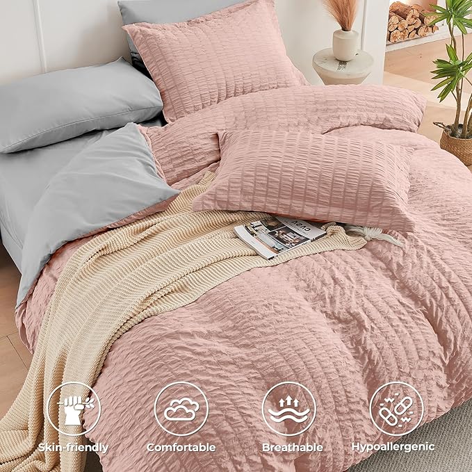HYMOKEGE Rose Gold/Light Grey Twin XL Comforter Set Seersucker 5 Pieces, All Season Luxury Bed in a Bag for Bedroom, Bedding Set with Comforter, Sheets, Pillowcase & Sham