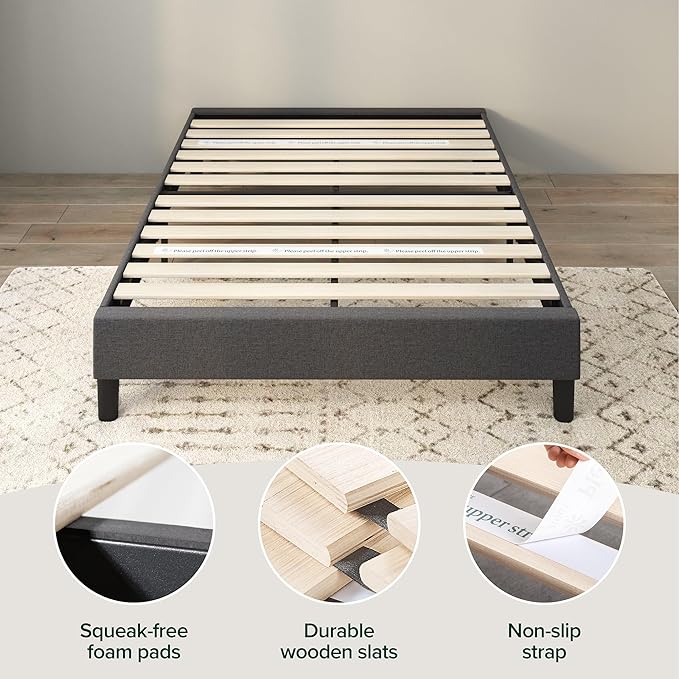 ZINUS Curtis Upholstered Platform Bed Frame, Mattress Foundation, Wood Slat Support, No Box Spring Needed, Eco Friendly WonderBox (TM) Packaging, Dark Grey, Full