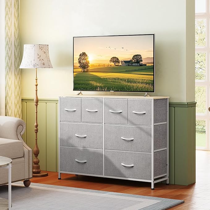 WLIVE 8 Drawer Dresser for Bedroom, Wide Fabric Dresser Storage Organizer, Chest of Drawers with Wood Top, Sturdy Steel Frame, Dressers for Living Room, Closet, Hallway, Light Grey