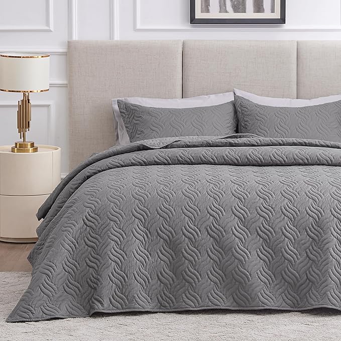 Love's cabin Quilts for Queen Bed Grey Bedspreads Bedding Set - Summer Lightweight Bedspread Comforter - Wave Pattern Bedding Coverlet for All Season - 3 Pieces (1 Quilt, 2 Pillow Shams)