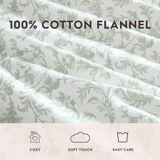 Laura Ashley - Flannel Sheets Twin Size, Anti-Pilling & Wrinkle Resistant Cotton, Touchably Soft for All-Season Comfort - Bed Sheets with Matching Pillowcase & Fitted Sheet (Brinna Green)