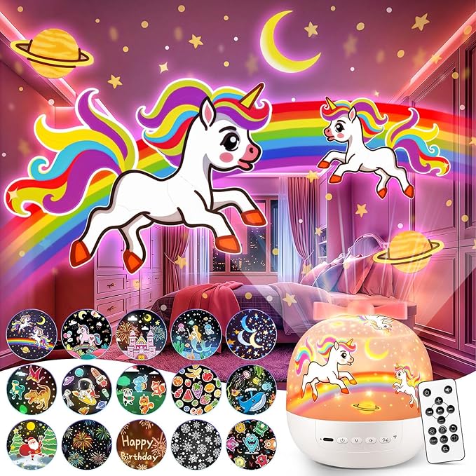 PIKOY Unicorn Toys for Girls Gifts, 15 Films+15 Lullaby Sound Machine for Kids Night Light Projector, Remote+Rechargeable Night Light for Kids Gifts, 360 °Rotation Princess Mermaid Toddler Girl Toys