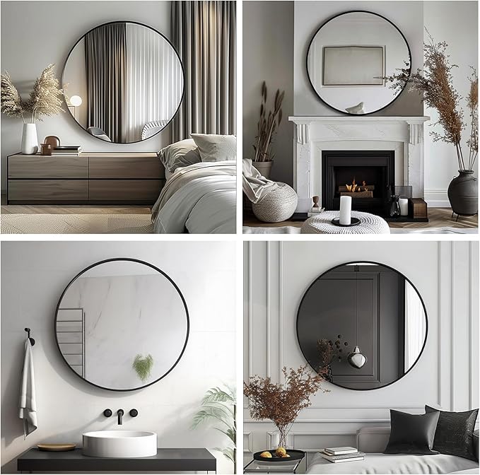 Round Mirror 22 inch, Black Circle Mirror, Round Wall Mirrors Metal Frame, Circle Mirrors for Living Room, Bathroom, Wall, Entryway, Rustic.