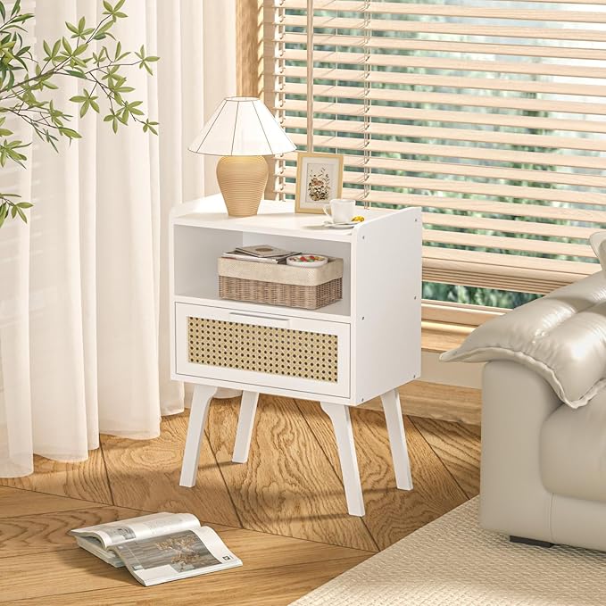 Lerliuo Rattan Nightstand, Bedside Table with Drawer Open Shelf, Cane Accent Side End Table with Solid Wood Legs, White Mid Century Night Stand for Bedroom, Dorm and Small Spaces