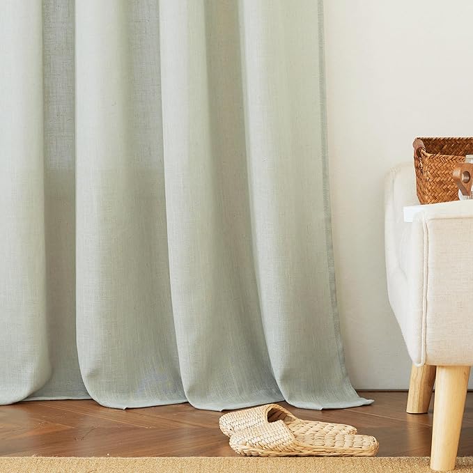 RYB HOME Linen Blended Curtains for Dining Room Nursery, Semi Transparent Privacy Protection Airy Elegant Boho Semi Sheer Drapes for Glass Door, W 100 inch x L 108 inch, Sage Green, 1 Pc