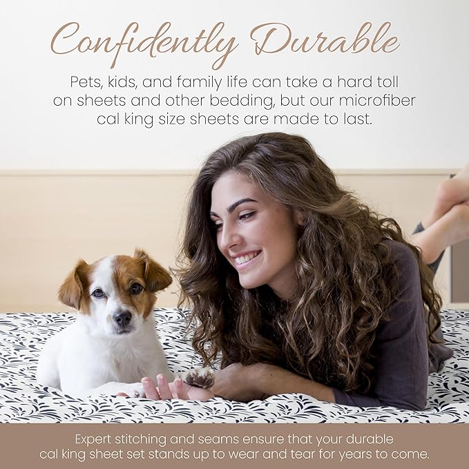 Linen Market Double-Brushed Patterned Microfiber California King Sheet Set 4 Piece – OEKO-TEX Certified Ultra Soft & Wrinkle-Free - 16" Deep Pocket Sheets Easy Care Cal-King Size - Burst of Vines Navy