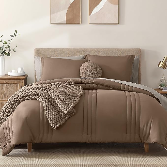 Monbix Queen Comforter Set - 7 Pieces Raw Umber Bed in a Bag Queen Bedding Sets with Comforters, All Seasons Down Alternative Comforter Bed Set with Sheets,Pillowcases & Shams