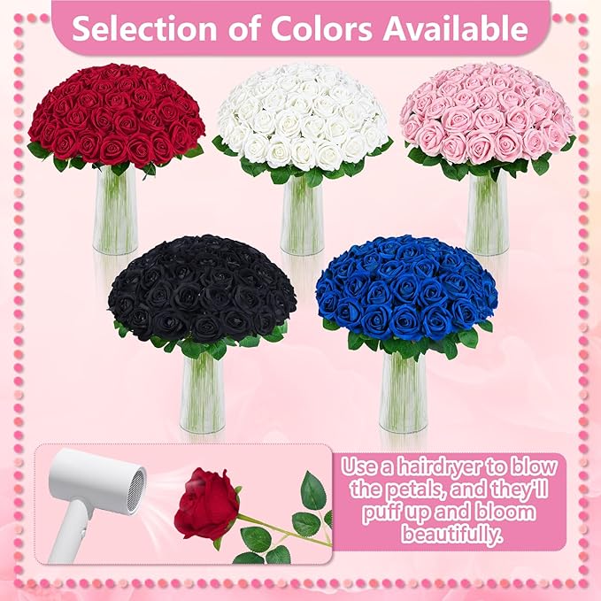 BLEUM CADE 100 Pcs Red Velvet Roses Artificial Flowers, Real Touch, Long Stems, Wedding & Occasion Decor