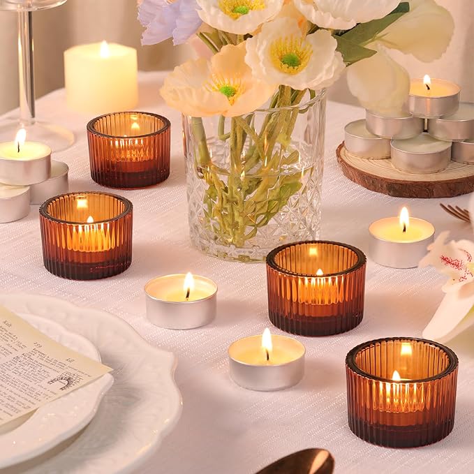 18 pcs Amber Tealight Candle Holders with 18PCS Tealights, Glass Votive Candle Holders Set for Table Centerpiece, Home Decor and Party Supplies