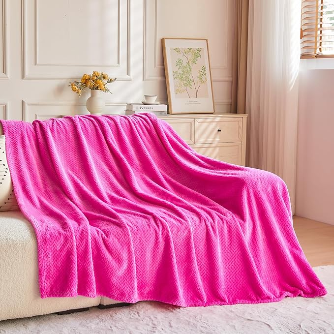 NEWCOSPLAY Super Soft King Blanket Hot Pink Premium Silky Flannel Fleece Leaves Pattern Lightweight Bed Blanket All Season Use (Hot Pink, King(90"x110"))
