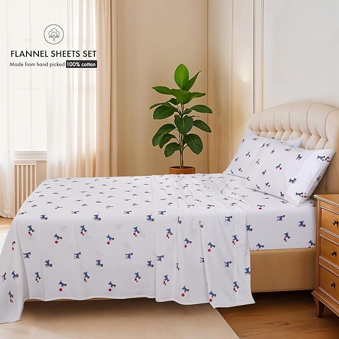 RUVANTI Flannel Sheets Full Size - 100% Cotton Double Brushed Bed Sheets Set, Deep Pockets 16 Inches, All Seasons Breathable & Extra Soft Full Sheets, Warm & Cozy, 4 Piece, Puppy Playoff
