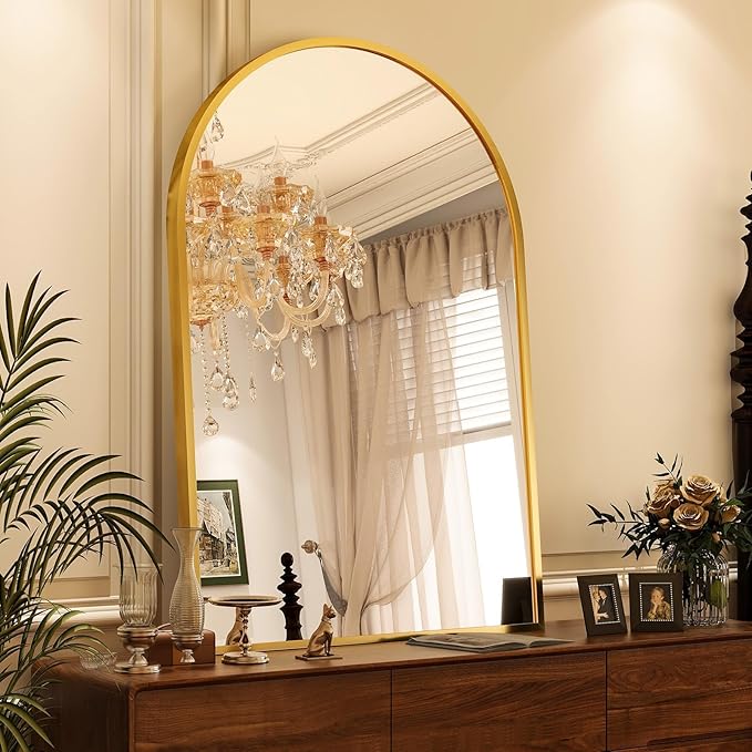 VooBang Arched Wall Mirror, 32 x 48 inch Arch Bathroom Mirror, Wall Mounted Vanity Mirror with Arch Metal Frame, Modern Bathroom Vanity Mirror for Bedroom, Living Room, Hanging or Leaning, Gold
