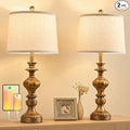 27.5" Farmhouse Table Lamps Set of 2 Bedside Nightstand Lamp with USB C+A Ports & AC Outlet, 3 Way Dimmable Touch Lamps for Bedroom Living Room Office Rustic Lamp (Rotary Switch-Copper)