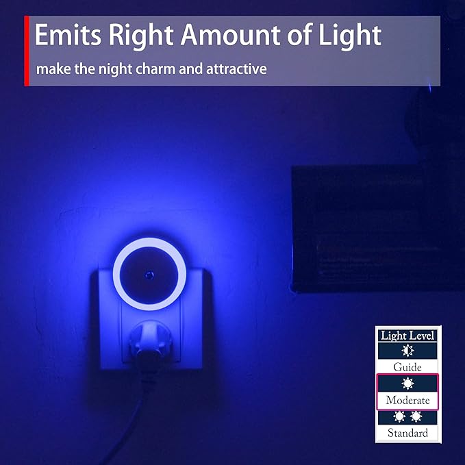 Blue LED Night Light, Plug in, Dusk to Dawn Smart Sensor, Small Round Nightlight, Energy Saving, Night light Plug into Wall for Bathroom, Kitchen, Bedroom, Hallway, Stairway, Travel, 2 Pack