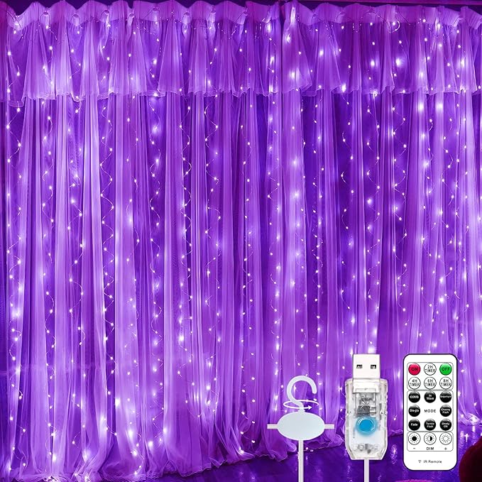 600LED Purple Curtain Lights for Bedroom, 19.6ft x 9.8ft Fairy Curtain String Light with 24 Hooks, 8 Modes Hanging Lights for Wedding, Party, Backdrop, Window, Xmas Decor