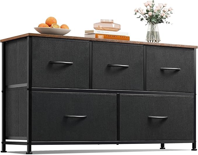 WLIVE Dresser for Bedroom with 5 Drawers, Wide Chest of Drawers, Fabric Dresser, Storage Organizer Unit with Fabric Bins for Closet, Living Room, Hallway, Black and Rustic Brown