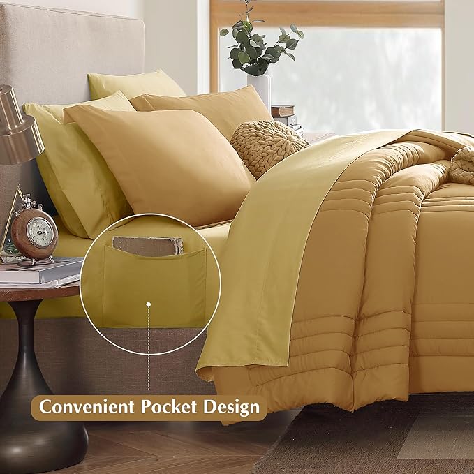 Monbix King Size Comforter Set - 7 Pieces Bed in a Bag King, Desert Yellow Bedding Sets with Comforter, All Seasons Down Alternative Comforter Bed Set with Sheets, Pillowcases & Shams