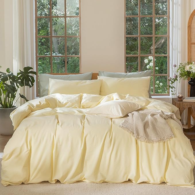 MooMee Bedding Duvet Cover Set 100% Washed Cotton Linen Like Textured Breathable Durable Soft Comfy (Heathered Butter Yellow, Cal King 104"x98")