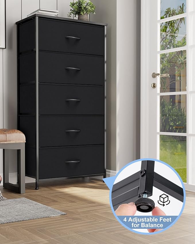 Crestlive Products Vertical Dresser Storage Tower - Sturdy Steel Frame, Wood Top, Easy Pull Fabric Bins - Wide Organizer Unit for Bedroom, Hallway, Entryway, Closets - 5 Drawers(Black)