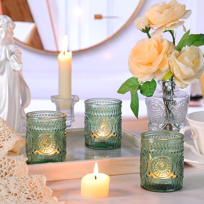 12pcs Green Votive Candle Holders，Glass Tea Lights Candle Holder Bulk for Birthday Parties, Weddings, Table Decorations, Candlelight Dinners