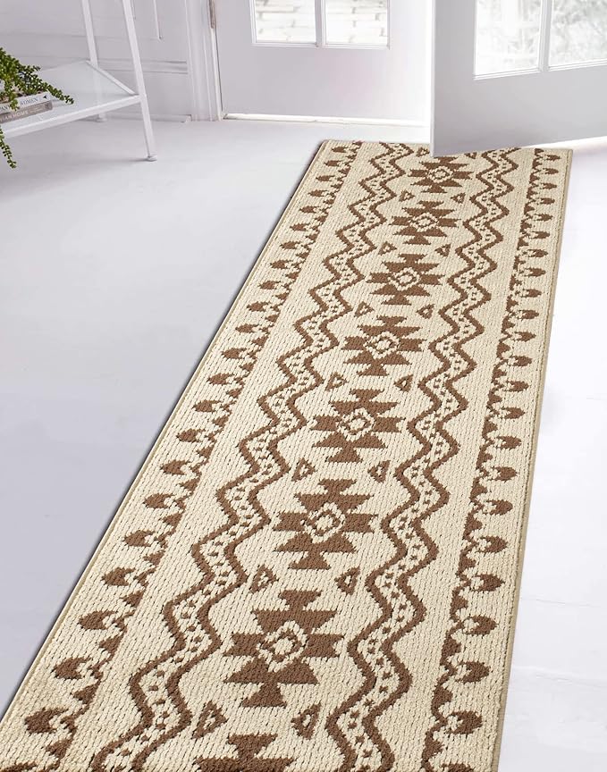 Custom Length Cut to Size Tribal Ethnic Southwestern Inspired Hallway Runner Rug, Non Slip Rubber Backed, 31 inch Wide X Customized Length, Aztec Beige, 31 inch X 20 feet
