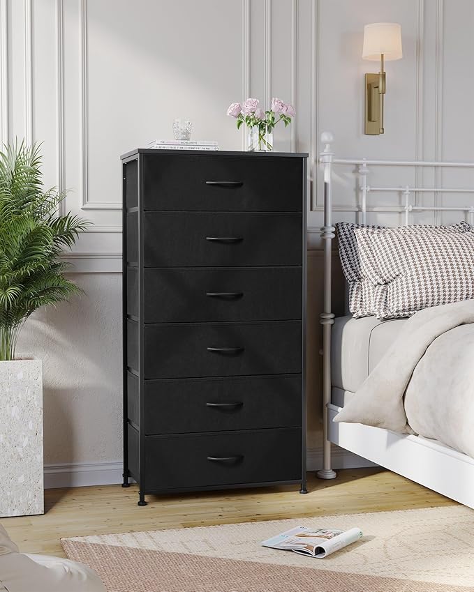 Crestlive Products Dresser for Bedroom with 6 Drawers, Tall Chest of Drawers, Black Dressers Bedroom Furniture, Storage Organizer Unit with Bins for Closet, Hallway, Living Room, Entryway