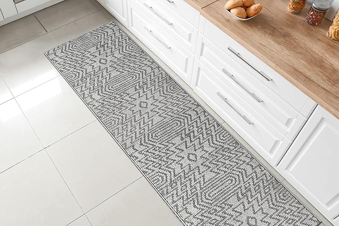 Custom Size Southwestern Style Runner Rug Mat for Wide Hallway Entryway Kitchen Laundry Room with Slip Resistant Latex Rubber Backing, Inca Grey, 31 inch X 6 feet