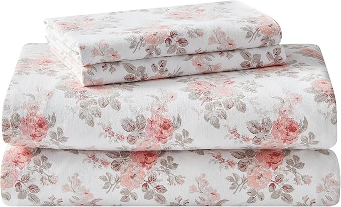 Laura Ashley - Flannel Sheets King Size, Anti-Pilling & Wrinkle Resistant Cotton, Touchably Soft for All-Season Comfort - Bed Sheets with Matching Pillowcases & Fitted Sheet (Lisalee Pink)