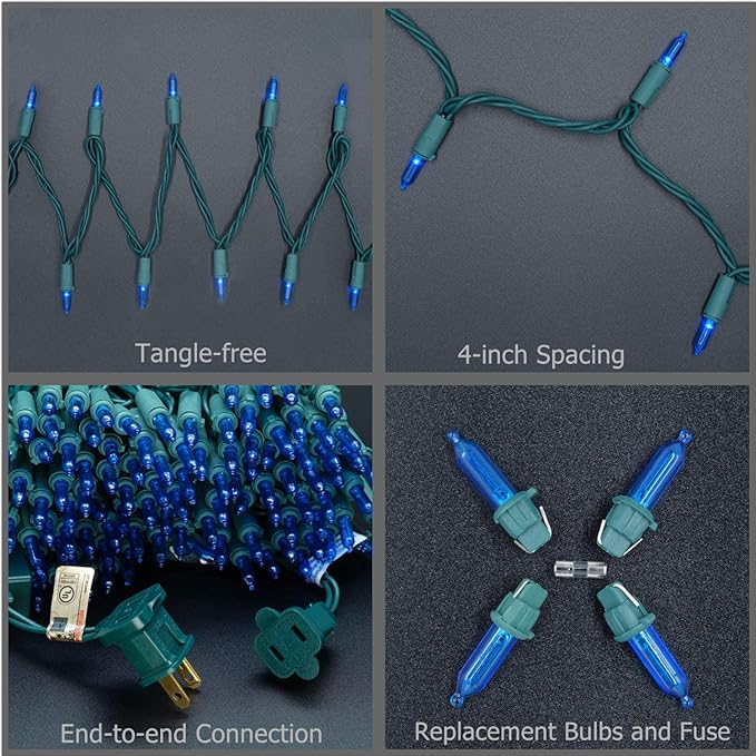 YULETIME 200 Count Blue LED Christmas Lights, 66 Feet Green Wire UL Certified Commercial Grade Holiday String Light Set (Blue)