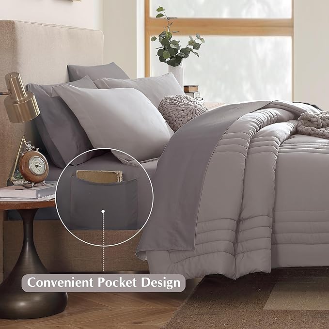 Monbix King Size Comforter Set - 7 Pieces Bed in a Bag King, Cloud Purple Bedding Sets with Comforter, All Seasons Down Alternative Comforter Bed Set with Sheets, Pillowcases & Shams