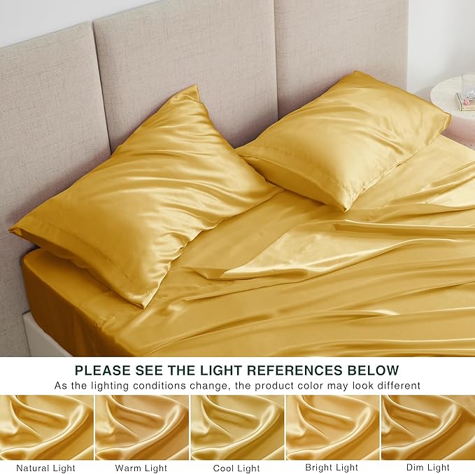 Love's cabin Twin Satin Sheets Sets - 3 Piece Gold Silky Bed Sheets with Deep Pockets, Luxury Silk Feel Satin Twin Size Sheet Set Bedding Set (1 Flat Sheet,1 Fitted Sheet,1 Pillow case)